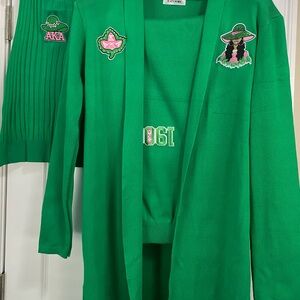 Green Cardigan and Sweater Set with Embroidered AKA Sorority Patches-L
